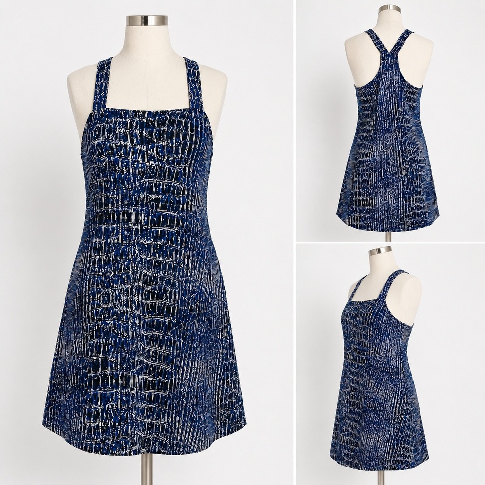 Lole Blue Crocodile Print Athletic Dress Cross Back Golf Tennis Athleisure Large